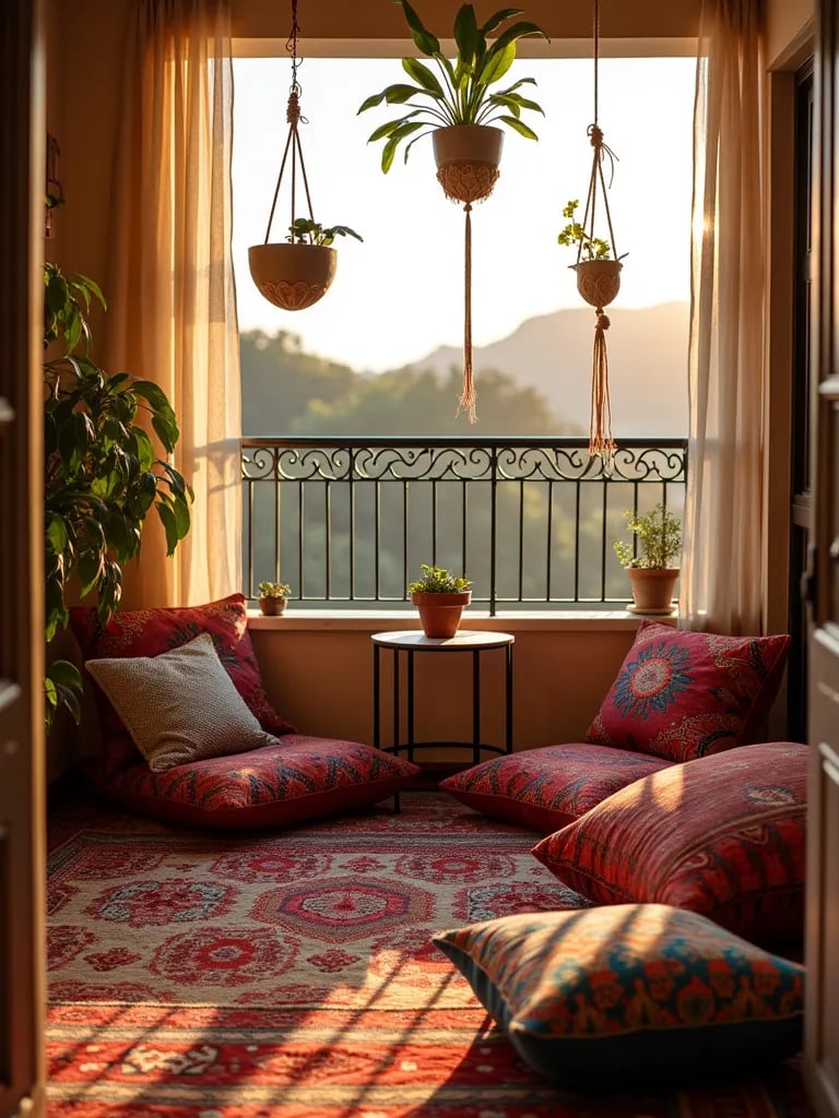 Eclectic boho balcony setup with floor seating and hanging plants