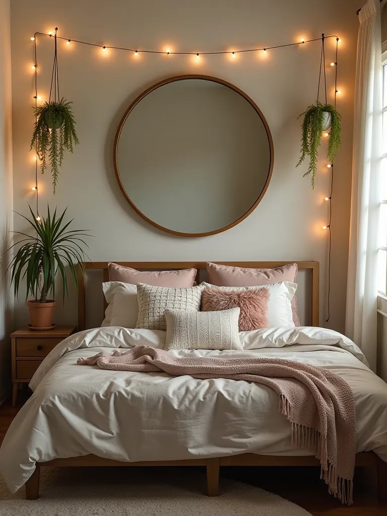 Eclectic boho bedroom with large mirror, plants, and diverse pillows