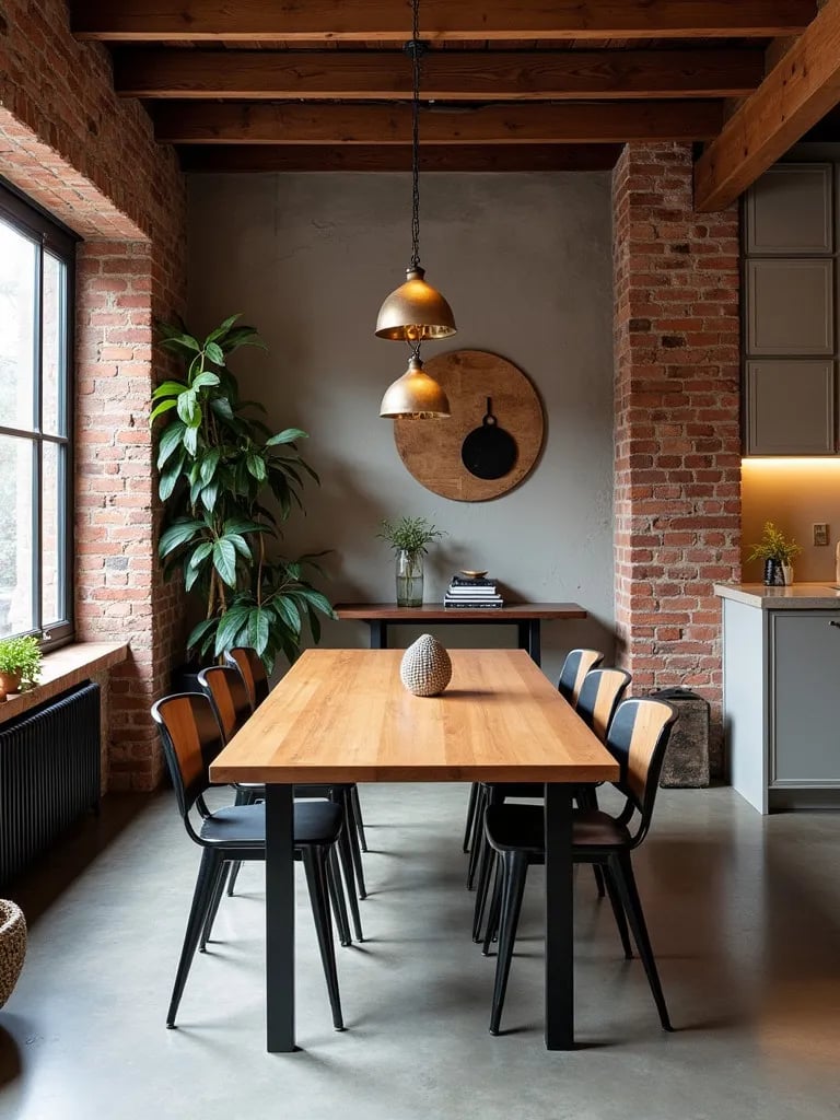 Eclectic dining area featuring exposed brick, concrete, and mixed furniture