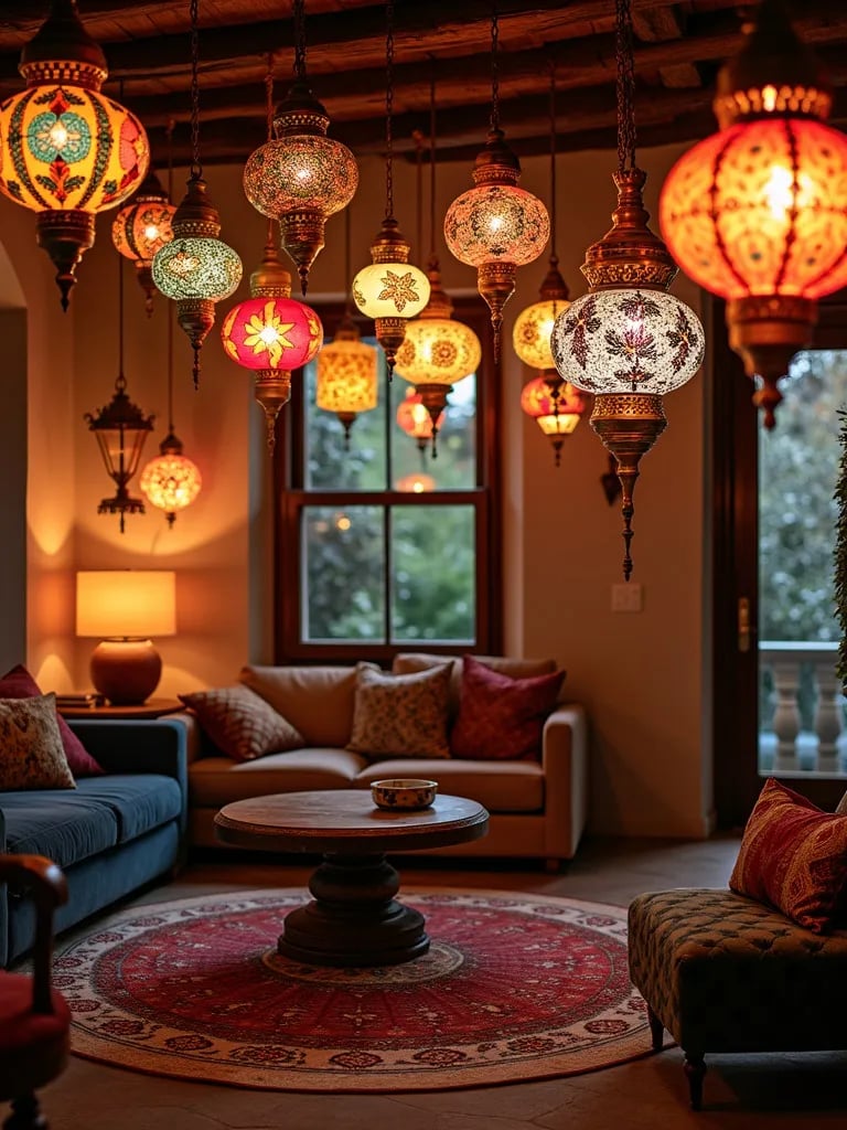 Eclectic living room with colorful hanging Moroccan lanterns