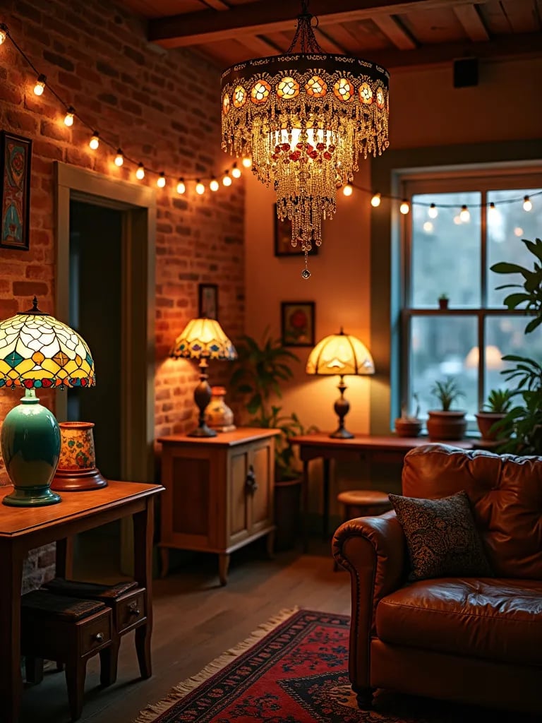 Eclectic living room with colorful lamps, beaded chandelier, and string lights