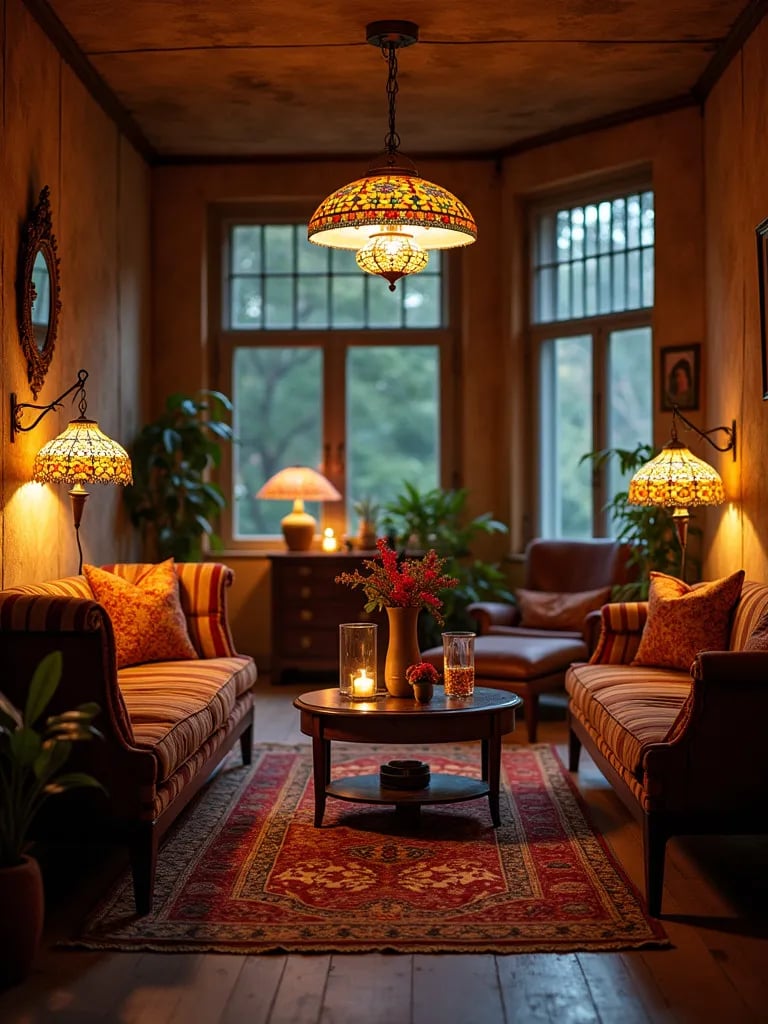 Eclectic living room with diverse lighting styles and fixtures