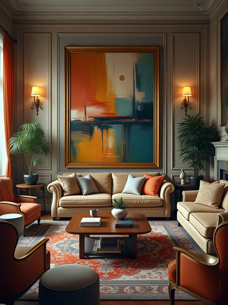 Eclectic living room with vintage and modern furniture around large abstract painting