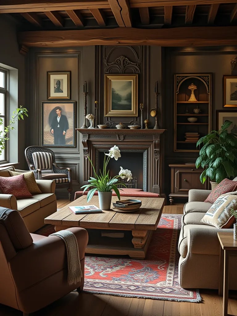 Eclectic rustic living room centered around a large rough hewn wooden coffee table