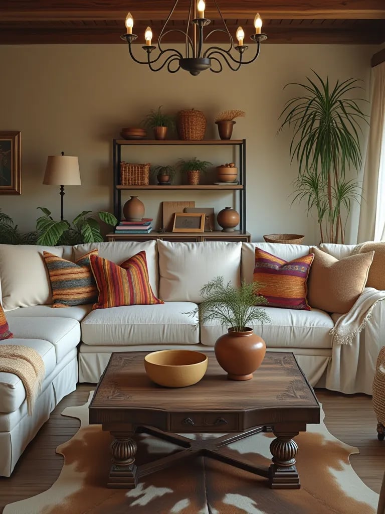 Eclectic rustic living room featuring industrial elements and warm lighting