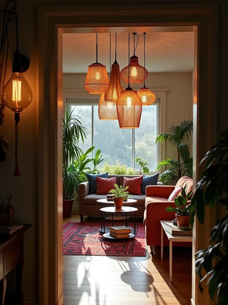 Eclectic small living room with varied pendant lights and plants