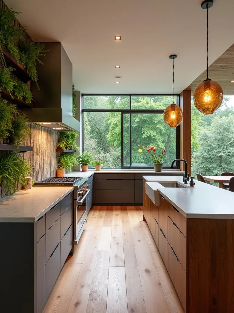 Eco conscious open kitchen with herb wall and sustainable materials