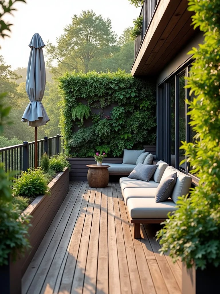 Eco friendly balcony with composite decking and vertical gardens