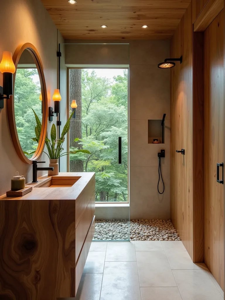 Eco friendly bathroom featuring natural elements and water purification