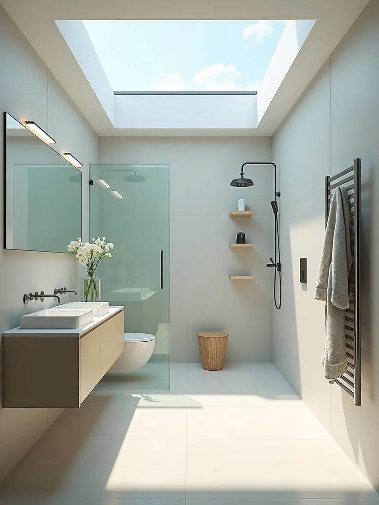 Eco friendly bathroom with smart shower and recycled materials