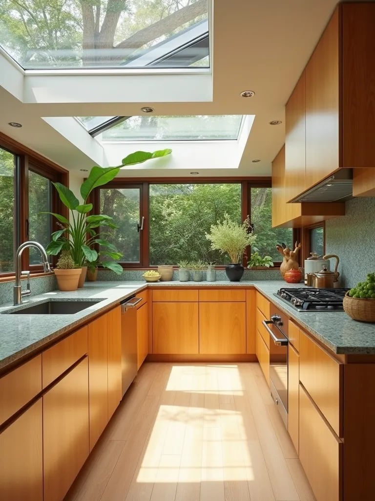 Eco friendly kitchen with bamboo cabinets and recycled glass counters