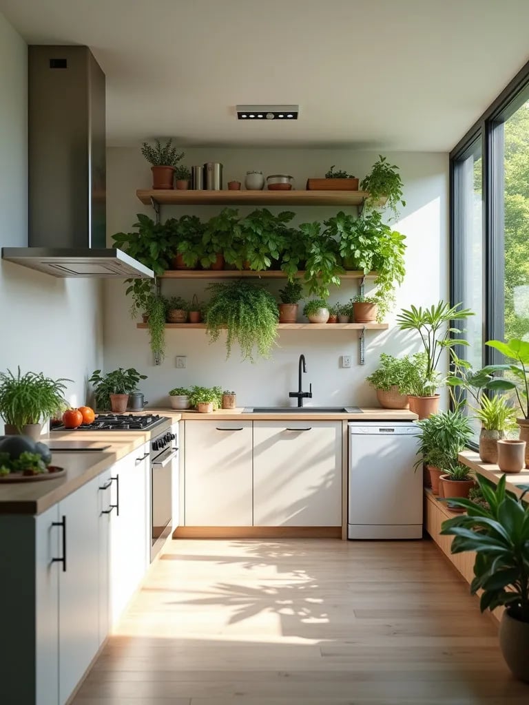 Eco friendly kitchen with smart appliances and vertical herb garden