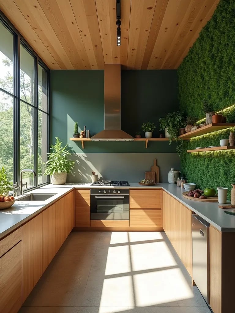 Eco friendly kitchen with sustainable materials and living wall in daylight