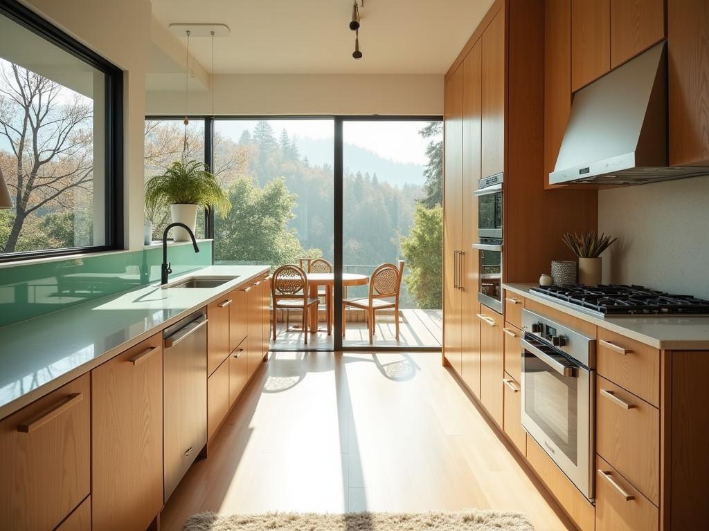 Eco friendly modern kitchen with recycled countertops and bamboo cabinets