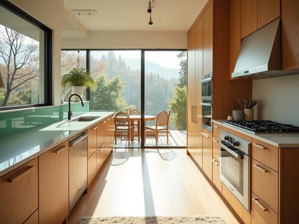 Eco friendly modern kitchen with recycled countertops and bamboo cabinets