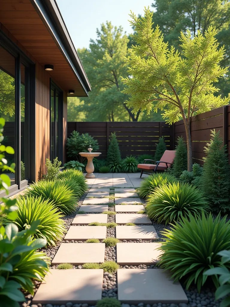 Eco friendly patio with permeable pavers, native plants, rain garden, and bird bath