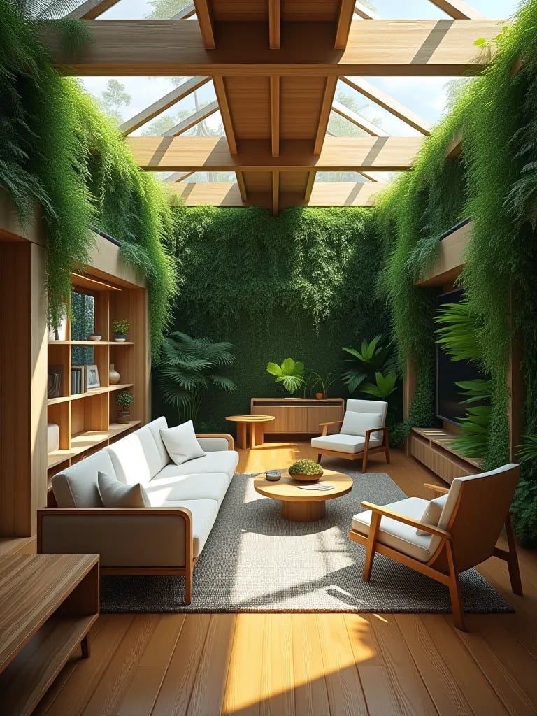 Eco luxury living room with green walls, bamboo flooring, and reclaimed wood furniture