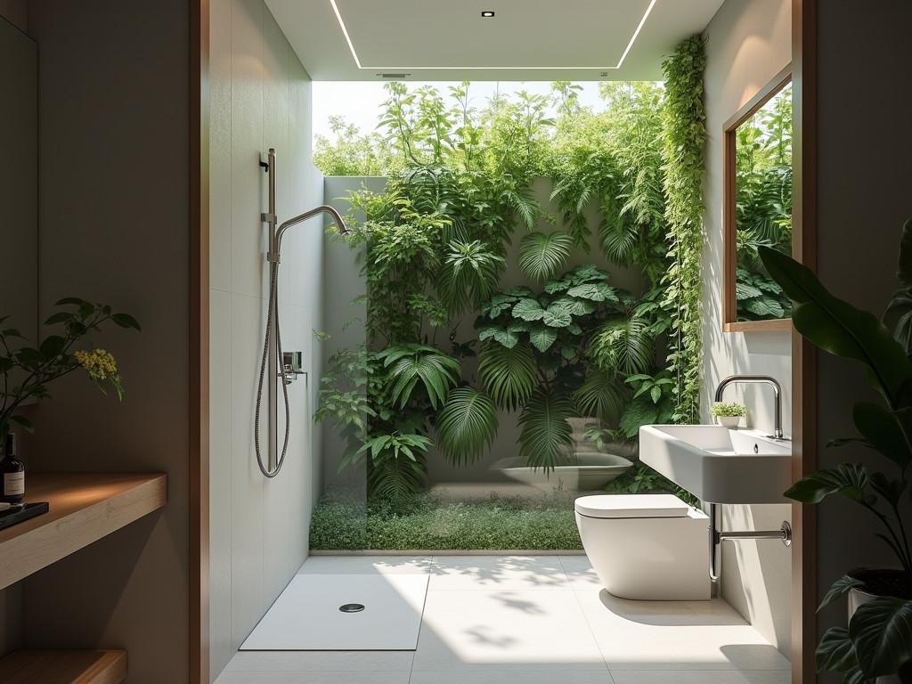 Eco tech bathroom featuring water saving shower and air purifying plants