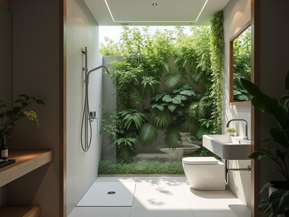 Eco tech bathroom featuring water saving shower and air purifying plants