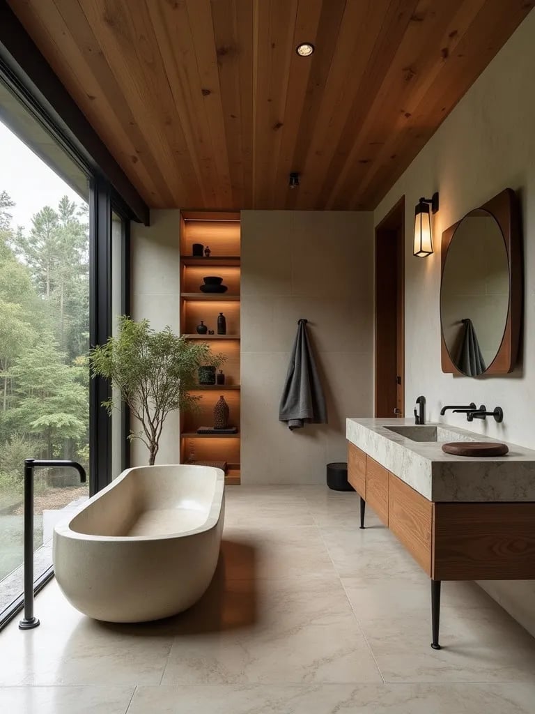 Eco zen bathroom featuring natural materials and low flow fixtures