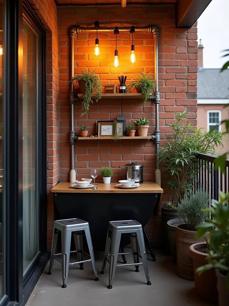 Edgy balcony design featuring metal furniture and industrial inspired elements