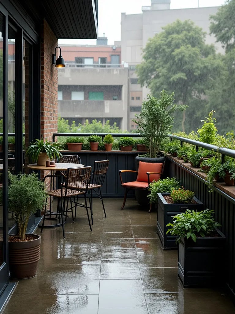 Edgy balcony with concrete floor and mix of vintage and modern decor