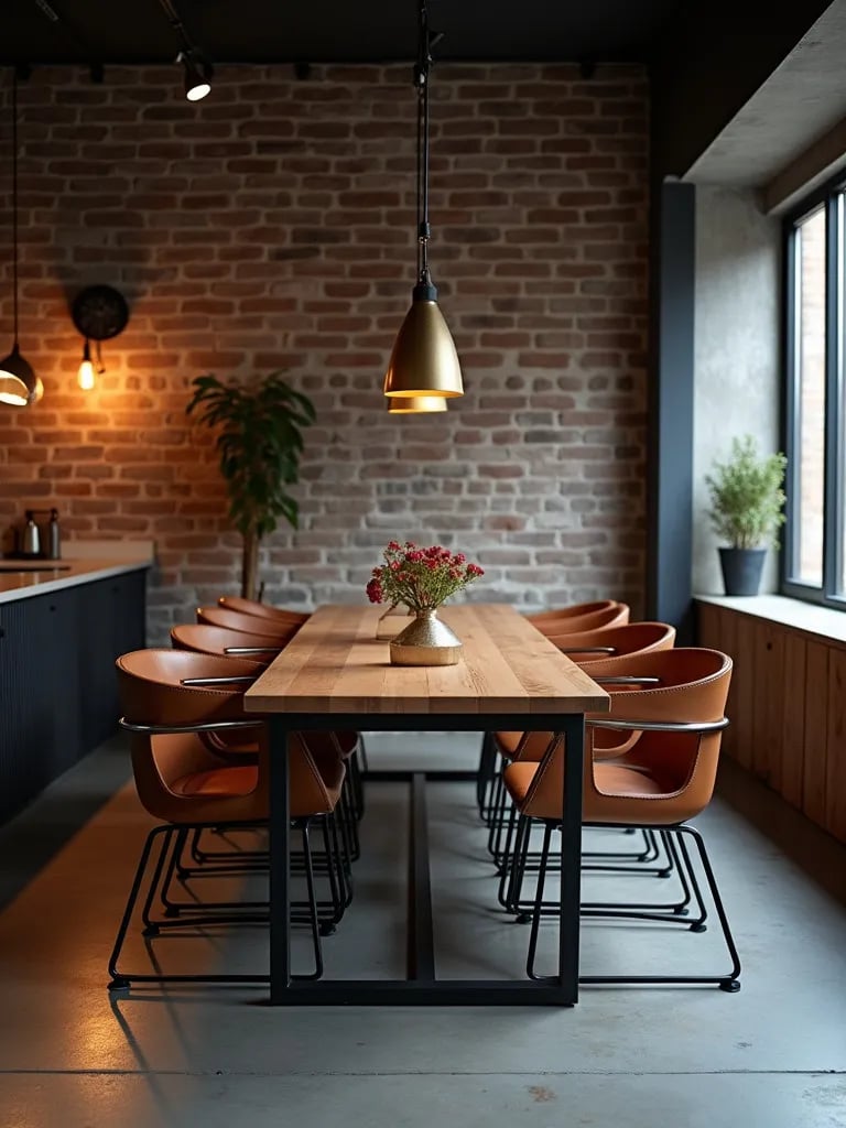 Edgy dining area featuring concrete floor and leather sling chairs