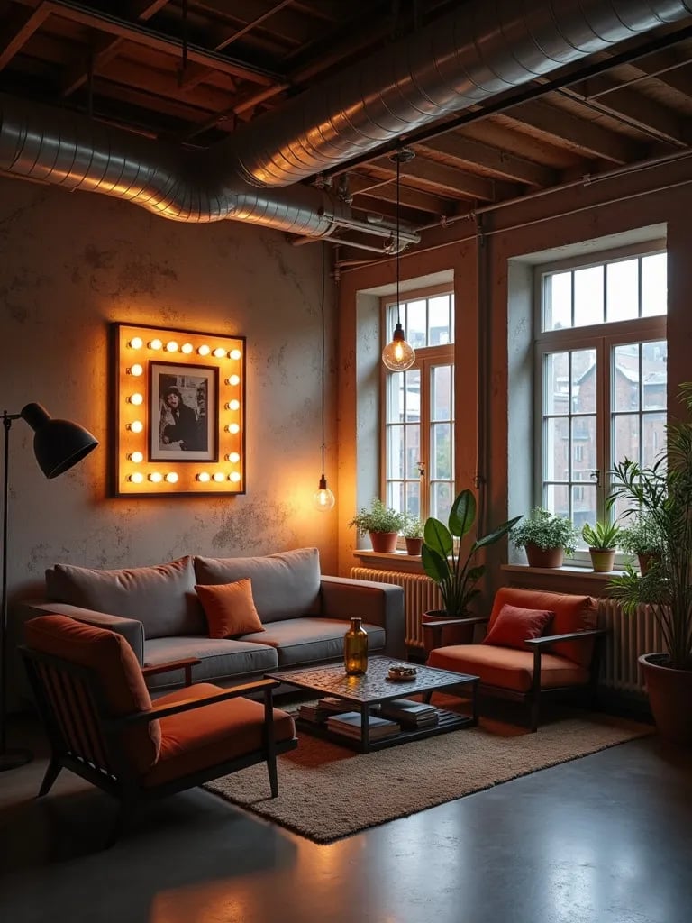 Edgy living area featuring industrial style lighting and exposed ductwork