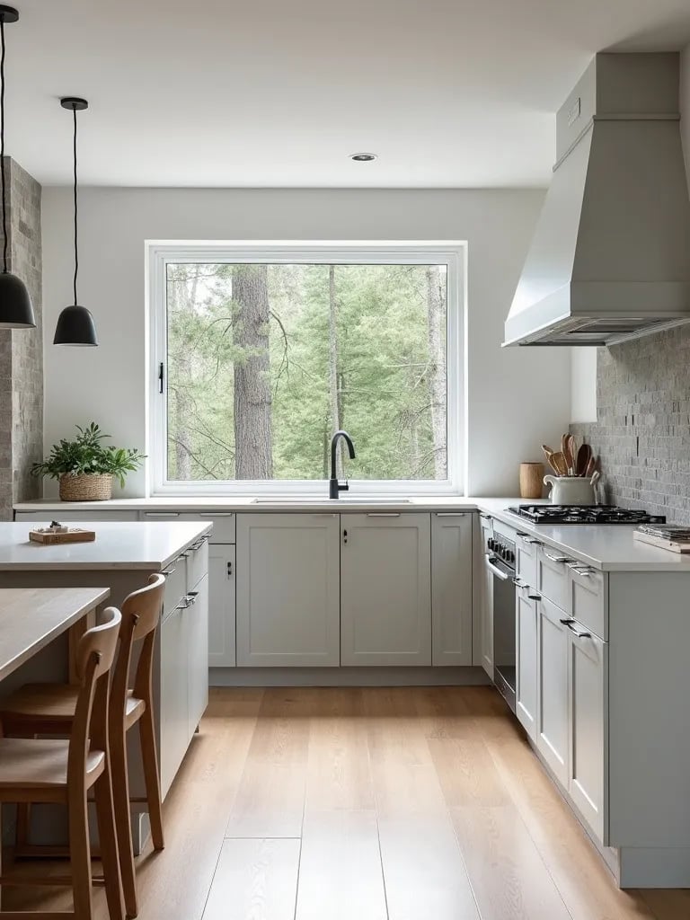 Efficient L shaped Scandinavian kitchen layout with dining area