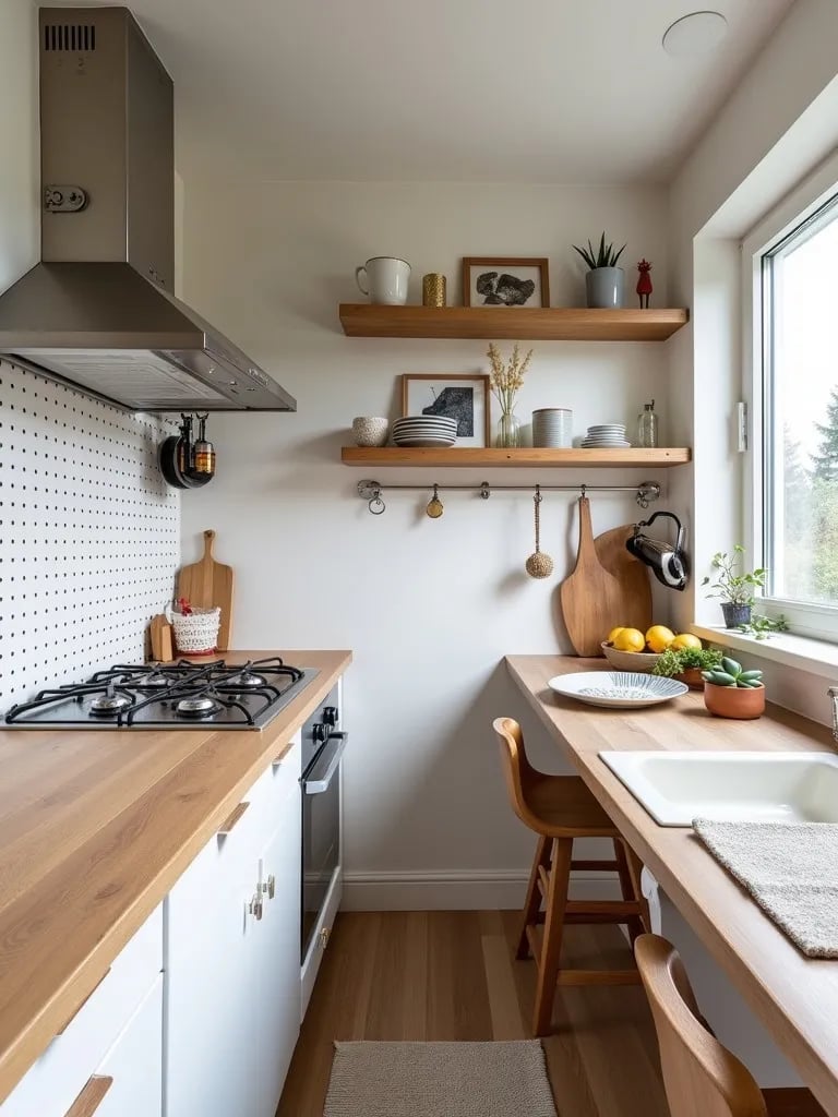 Efficient Scandinavian kitchen layout with pegboard and floating shelves