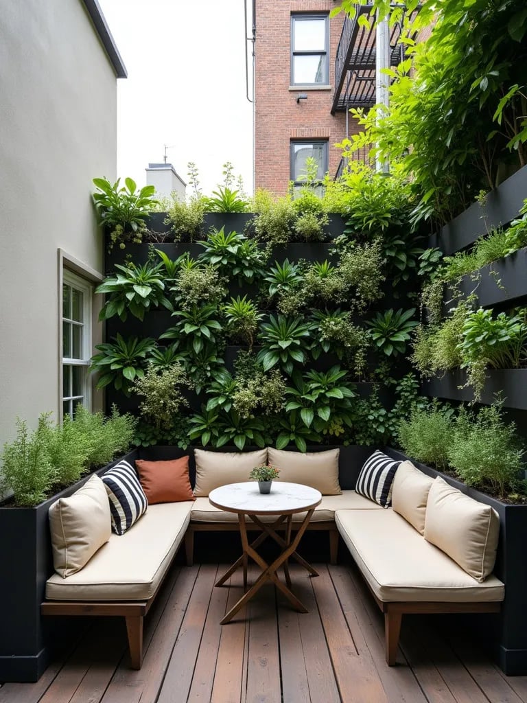 Efficient balcony layout with vertical plantings and convertible furniture