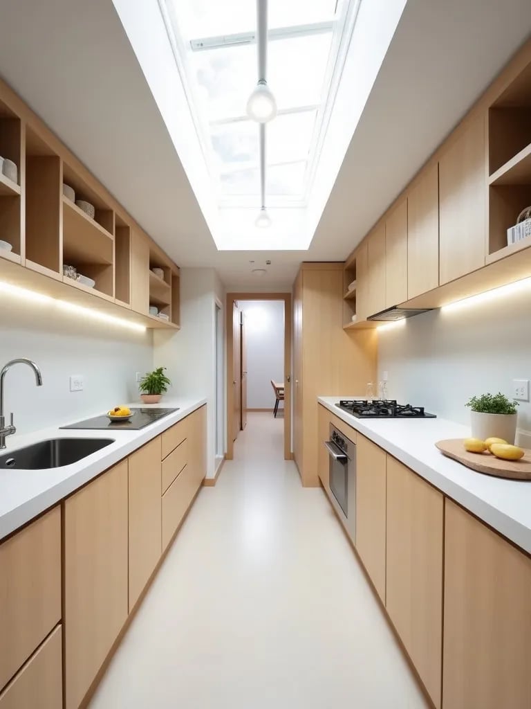Efficient galley Scandinavian kitchen with parallel countertops and skylight