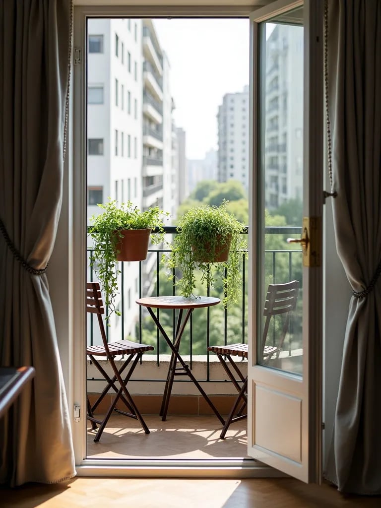 Efficient small balcony design with folding furniture and vertical gardens