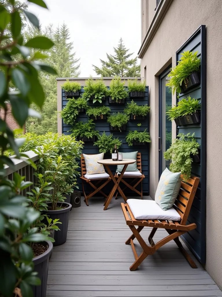 Efficient small balcony design with vertical garden and compact furniture