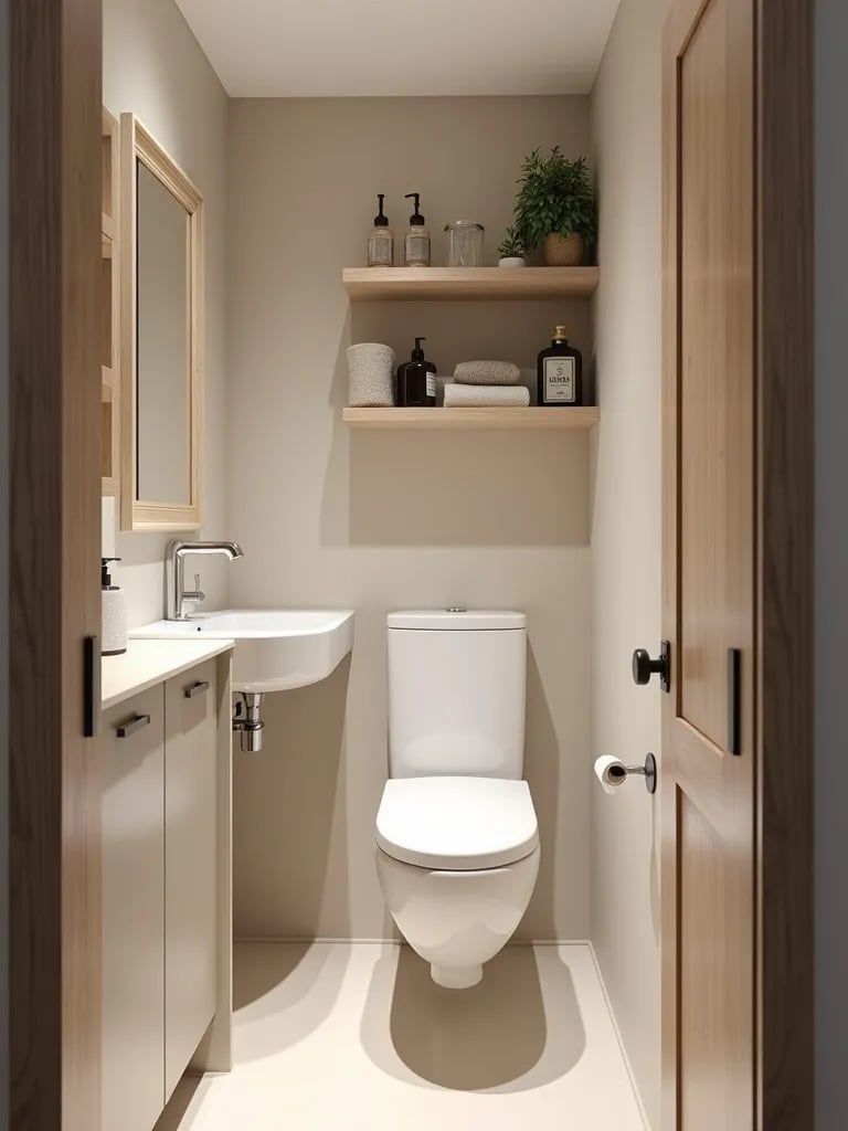 Efficient small bathroom with modern fixtures and smart storage solutions