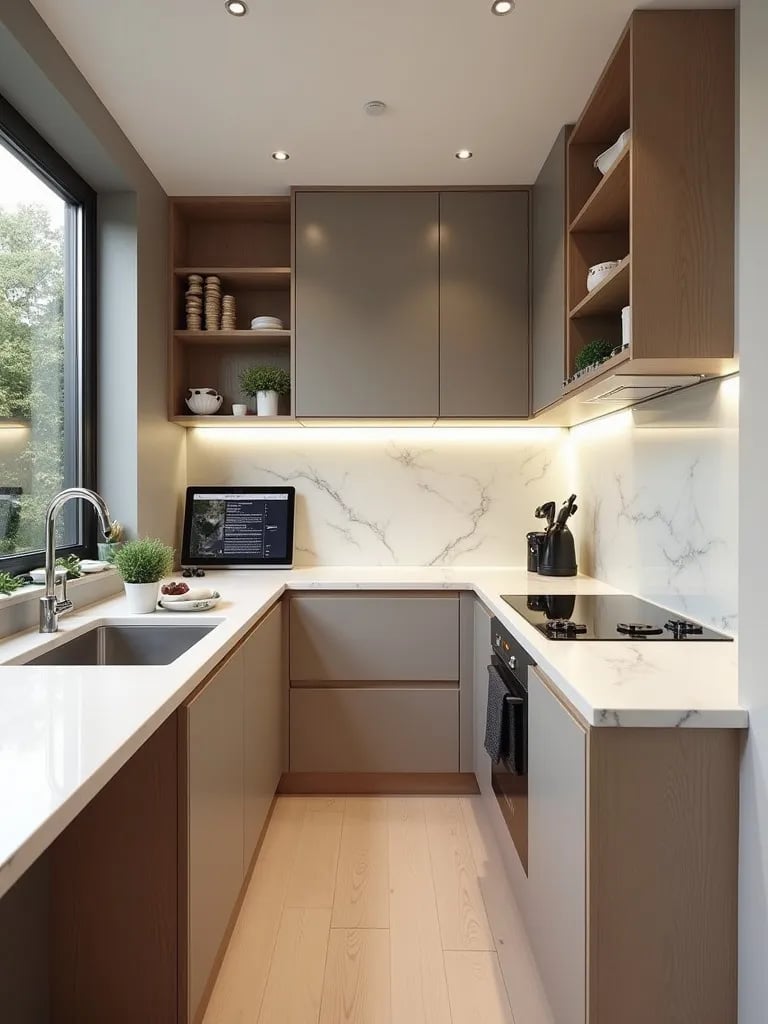 Efficient small kitchen layout with pull out features and wall mounted tablet