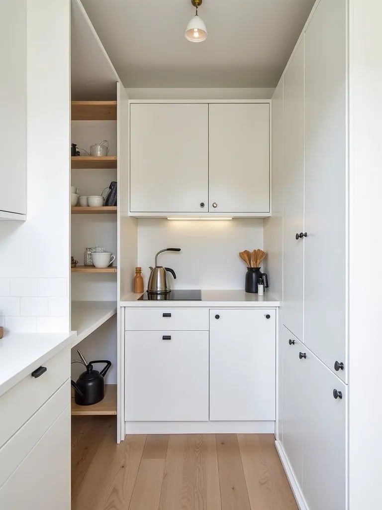 Efficient small kitchen with white cabinets and pull out storage
