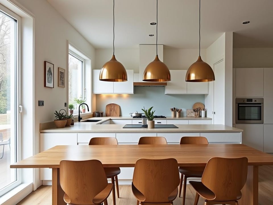 Elegant Scandinavian kitchen dining area illuminated by row of brass pendants