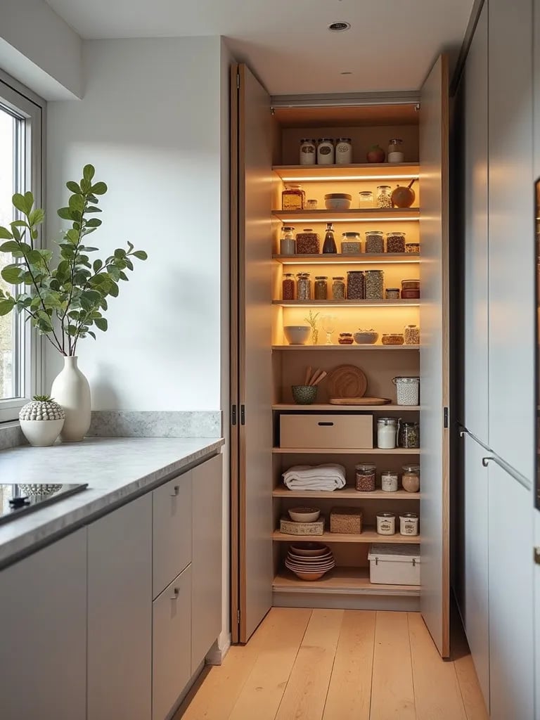 Elegant Scandinavian kitchen pantry with glass doors and organized storage