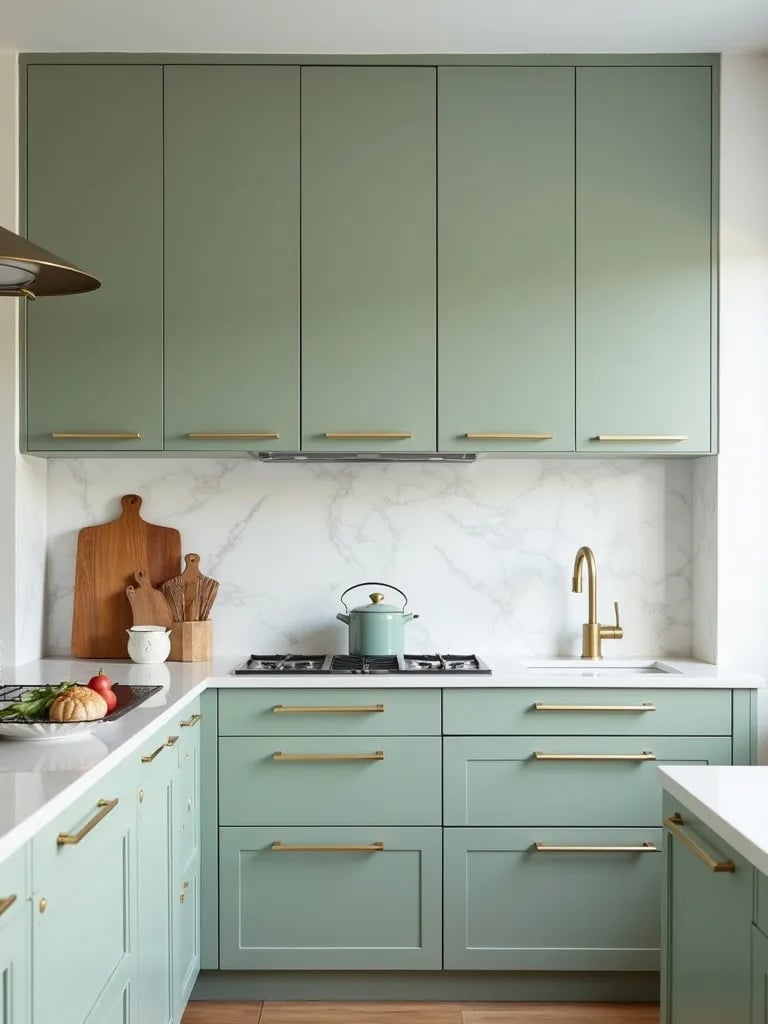Elegant Scandinavian kitchen with sage green cabinets and brass accents