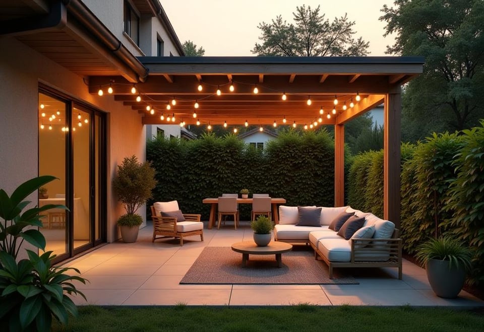 Elegant backyard patio featuring pergola and comfortable seating at dusk