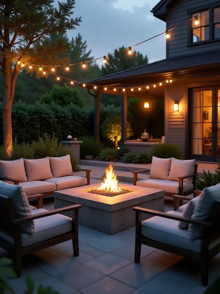 Elegant backyard patio with modern amenities and ambient lighting