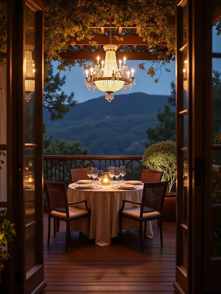 Elegant balcony dining area with chandelier and uplighting on trees