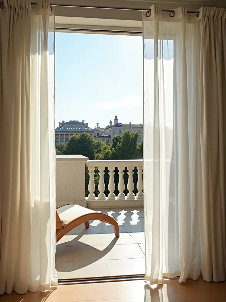 Elegant balcony featuring billowing white curtains, water feature, and comfortable chair