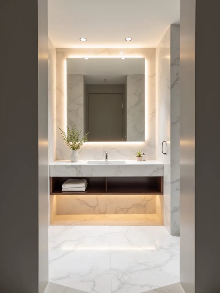 Elegant bathroom with soft lighting and marble surfaces