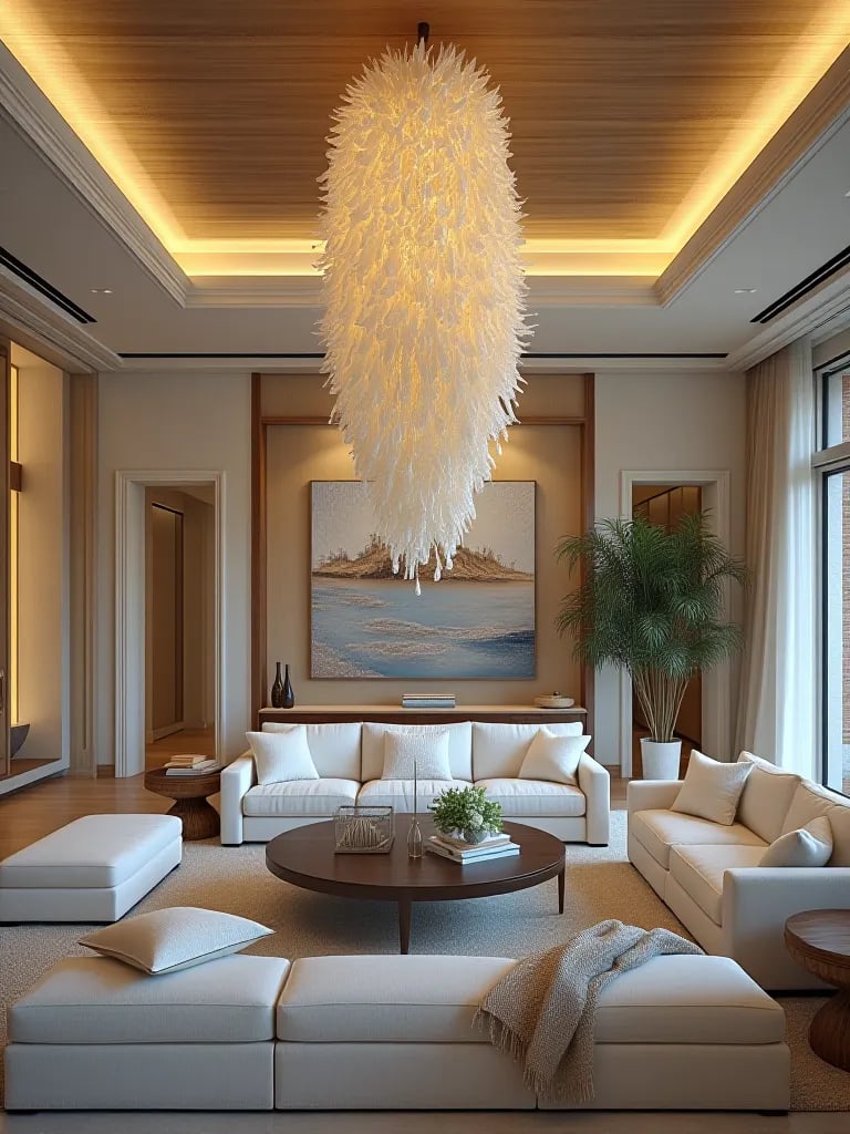 Elegant beach inspired living area featuring cascading shell chandelier and soft lighting