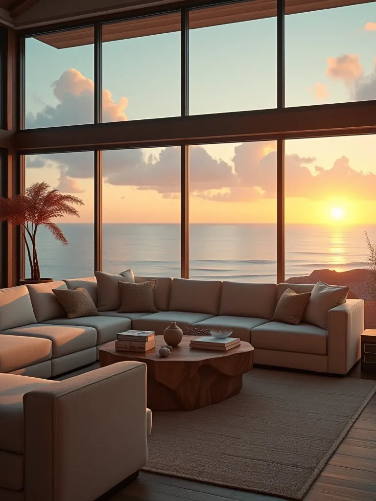 Elegant beach themed living room with panoramic ocean views and warm lighting