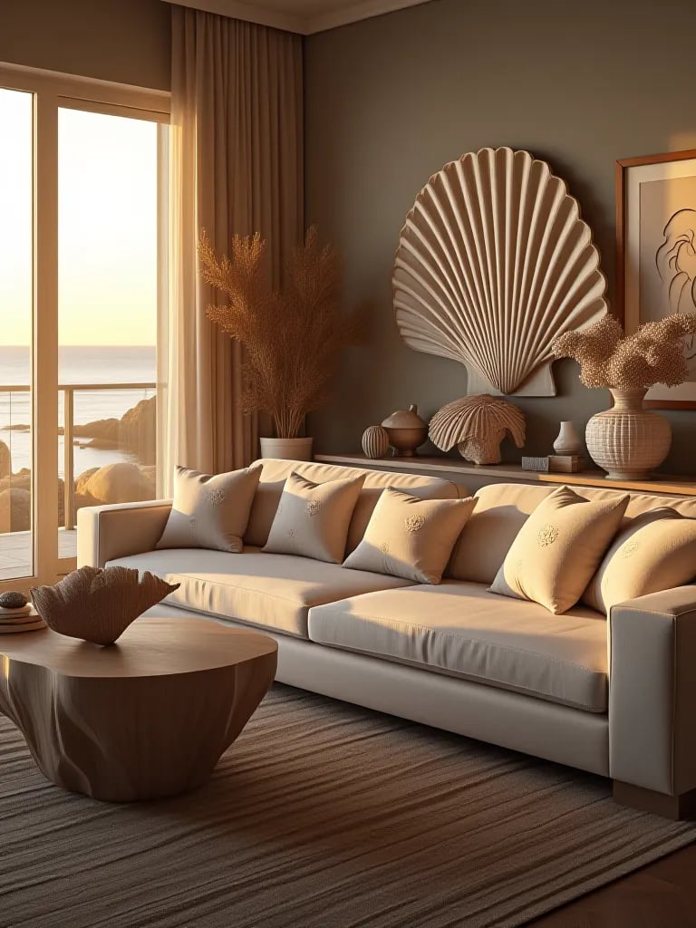 Elegant coastal living room bathed in warm golden hour light