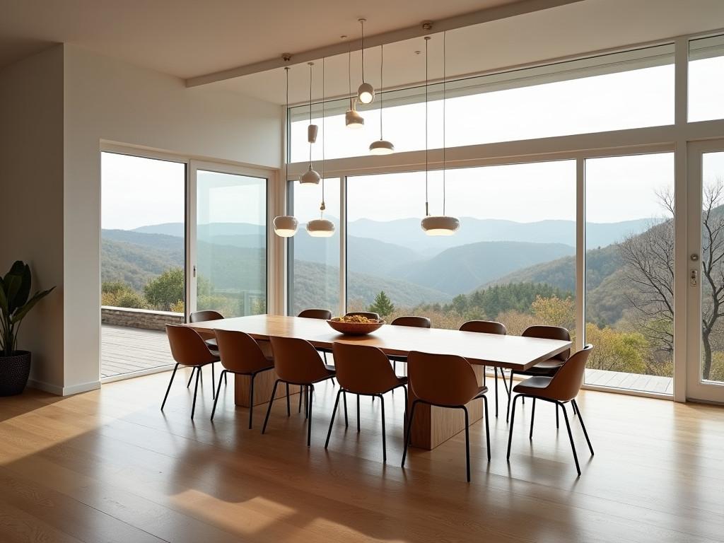 Elegant contemporary dining room with wooden table and ambient lighting