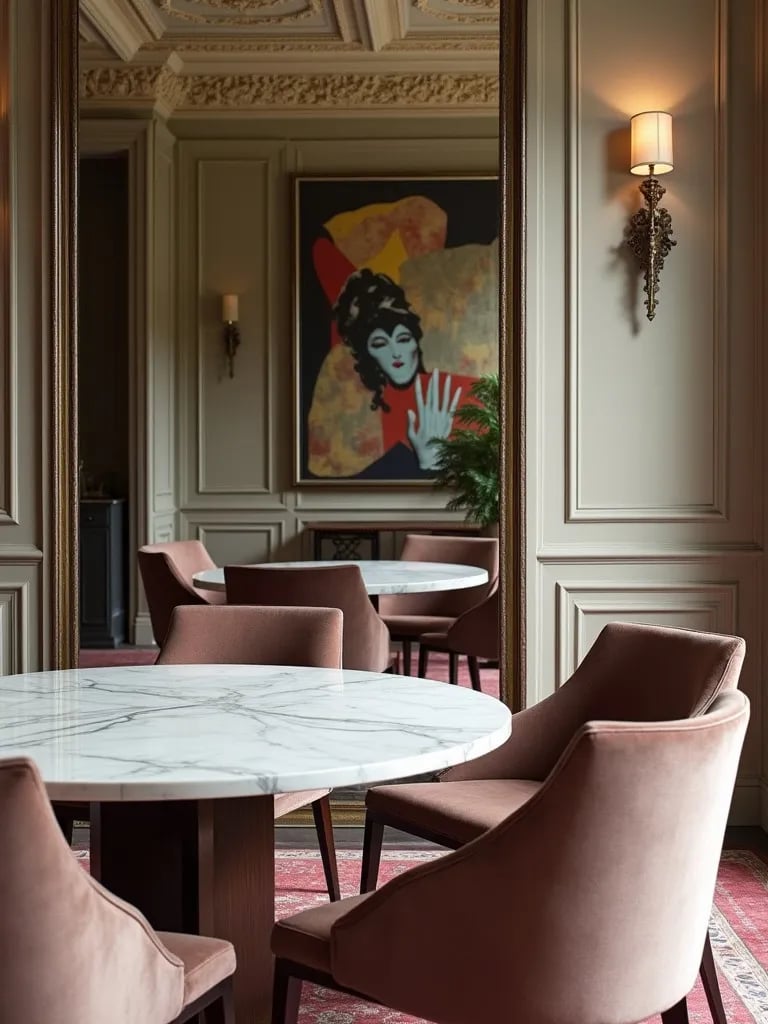 Elegant dining area featuring marble table and plush velvet chairs
